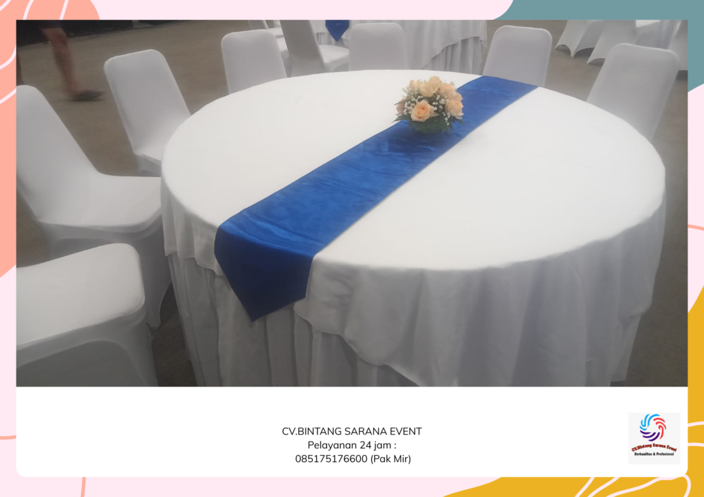 Sewa Meja Round Table Cover Putih Runner Biru Jakarta