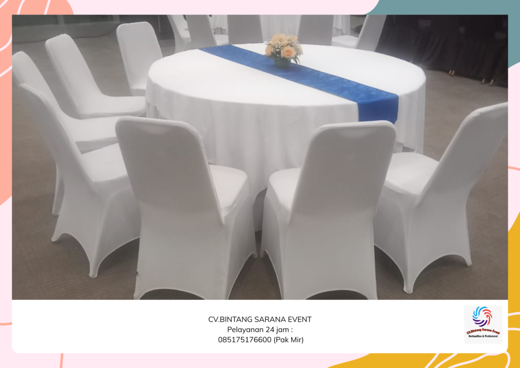Sewa Meja Round Table Cover Putih Runner Biru Jakarta