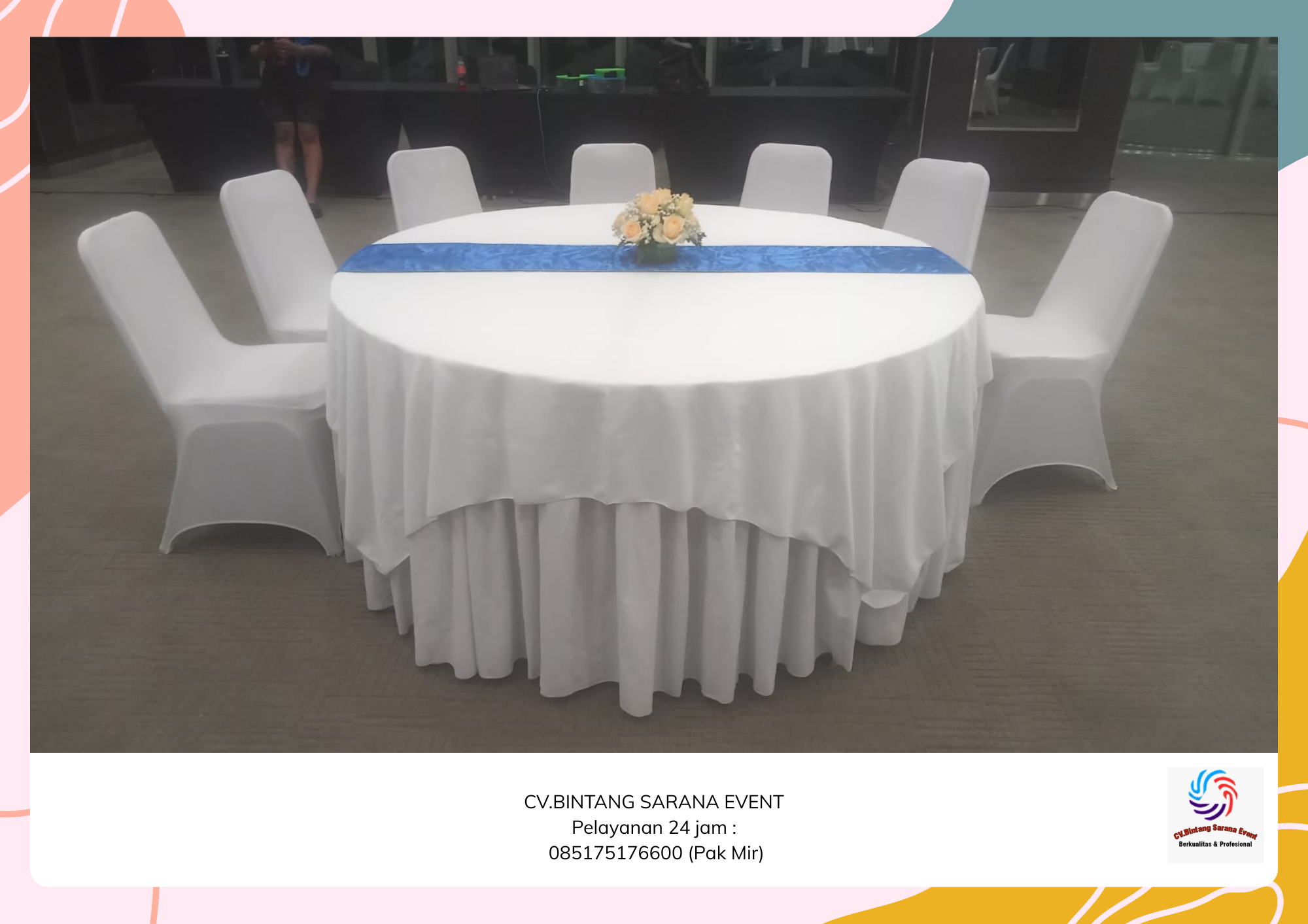 Sewa Meja Round Table Cover Putih Runner Biru Jakarta