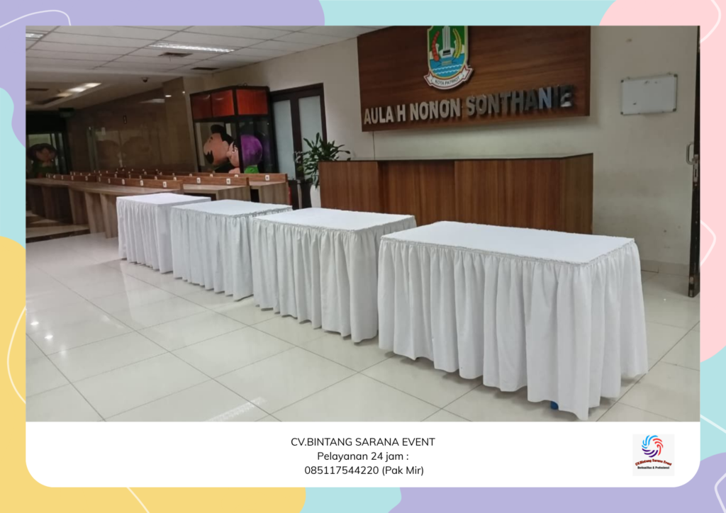 Jasa Sewa Meja Kotak Cover Tebar Putih Depok