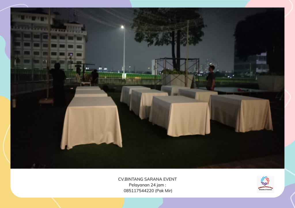 Jasa Sewa Meja Kotak Cover Tebar Putih Depok
