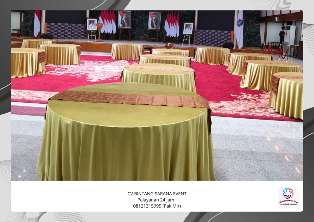 Jasa Sewa Meja Bundar Set Cover Gold Area Karawang