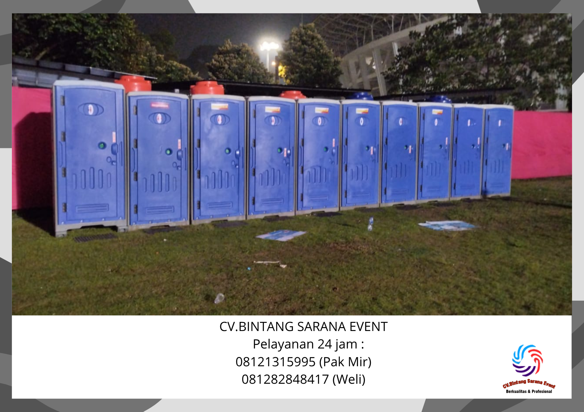 Bintang Sarana Event menyediakan layanan sewa toilet portable dan toren air wudhu Jakarta untuk berbagai kebutuhan kegiatan. Layanan ini cocok untuk pernikahan, konser, festival, proyek konstruksi, kegiatan perusahaan, pameran, hingga acara outdoor lainny