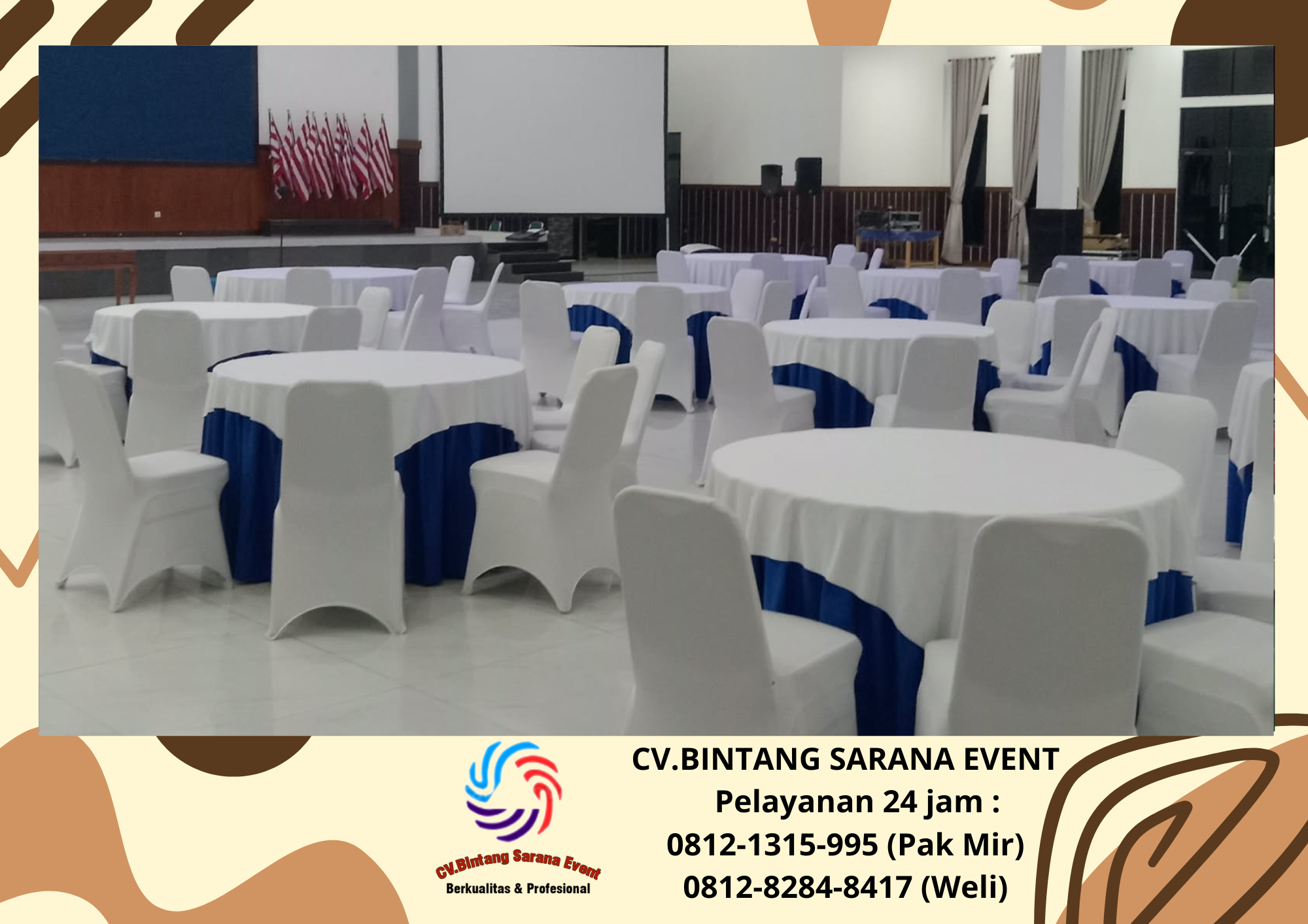 Sewa Meja Bulat cover Putih Biru Dan Kursi Futura Cover putih