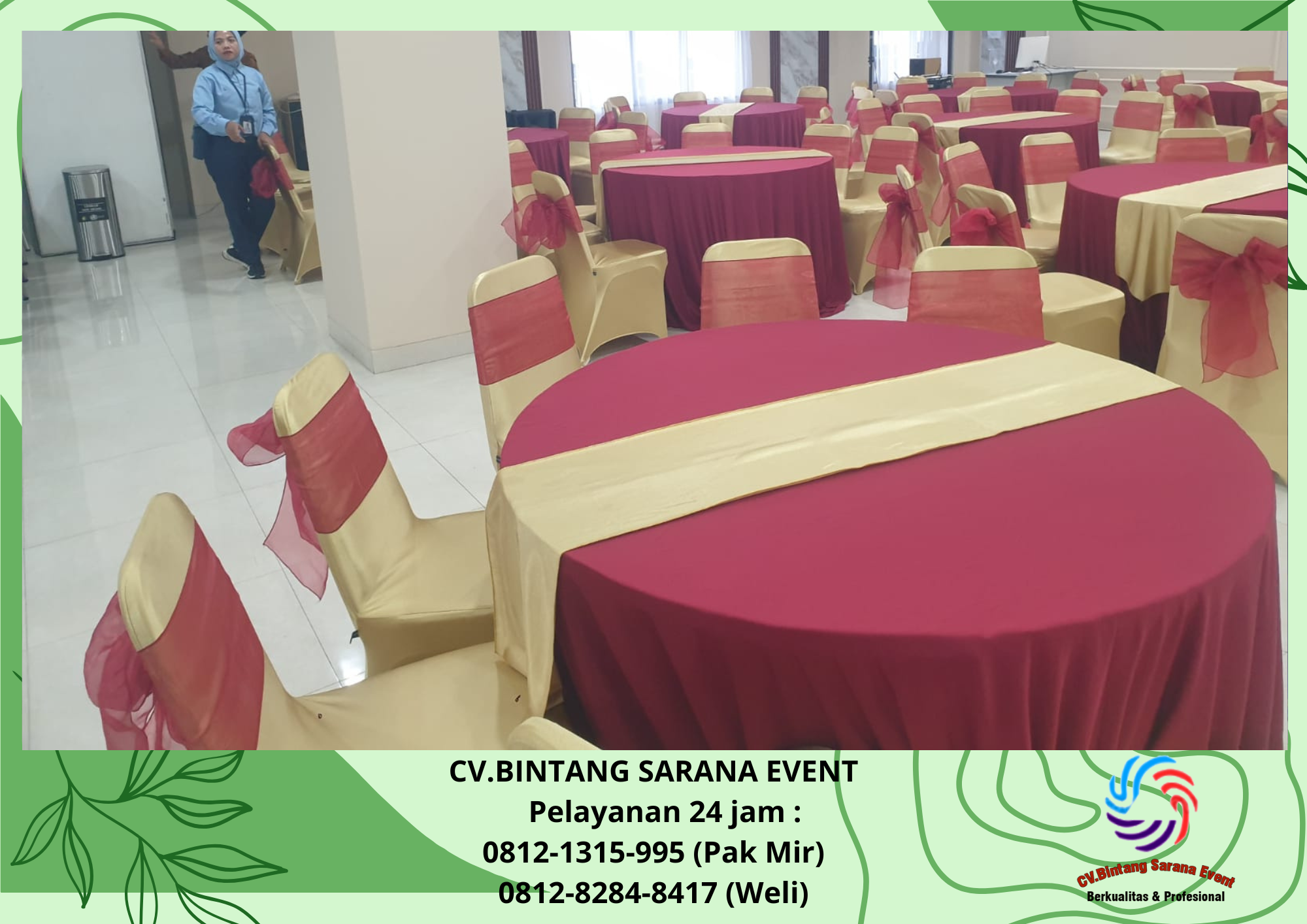 Sewa Meja dan Kursi Event dengan Cover Maroon dan Emas