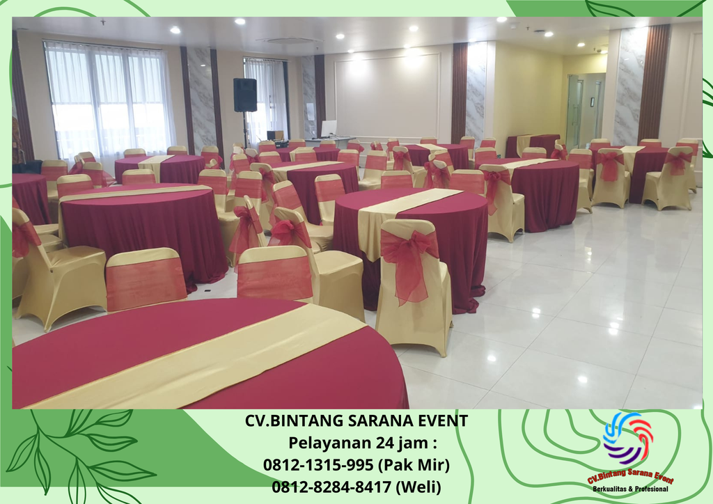 Sewa Meja dan Kursi Event dengan Cover Maroon dan Emas