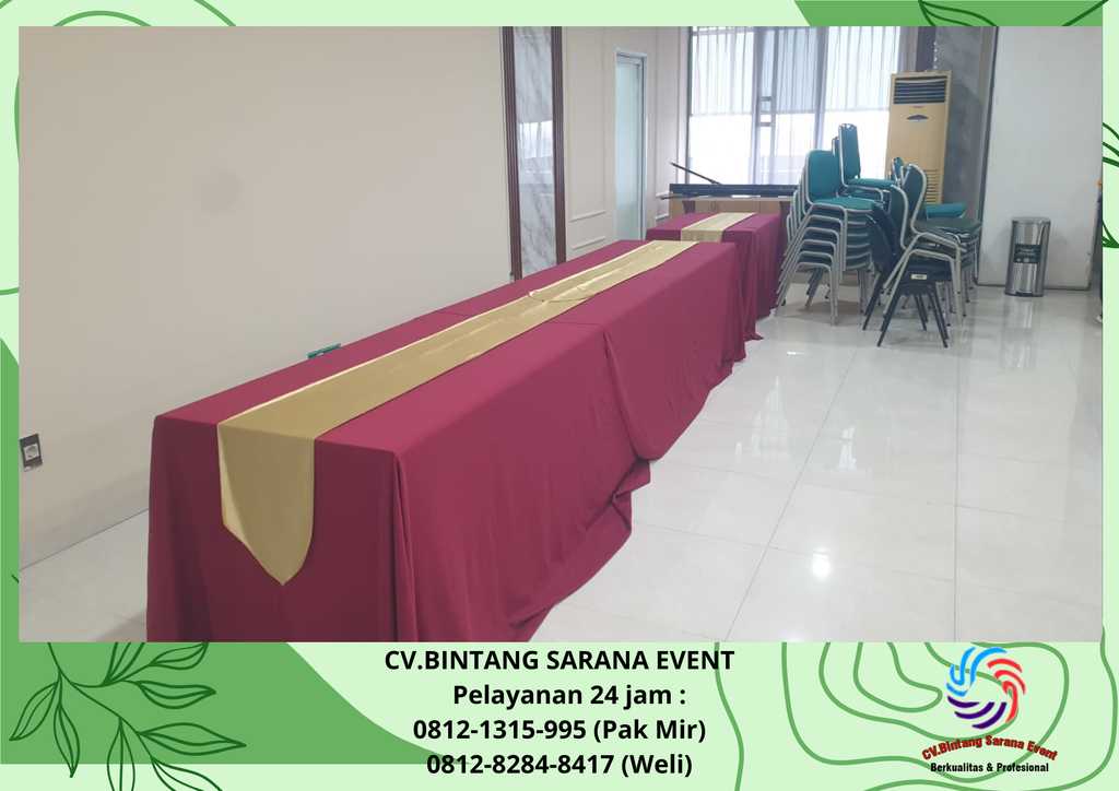 Sewa Meja dan Kursi Event dengan Cover Maroon dan Emas