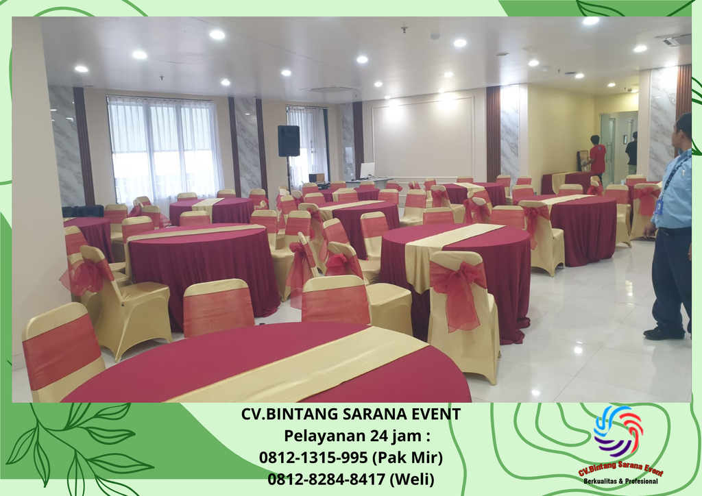 Sewa Meja dan Kursi Event dengan Cover Maroon dan Emas