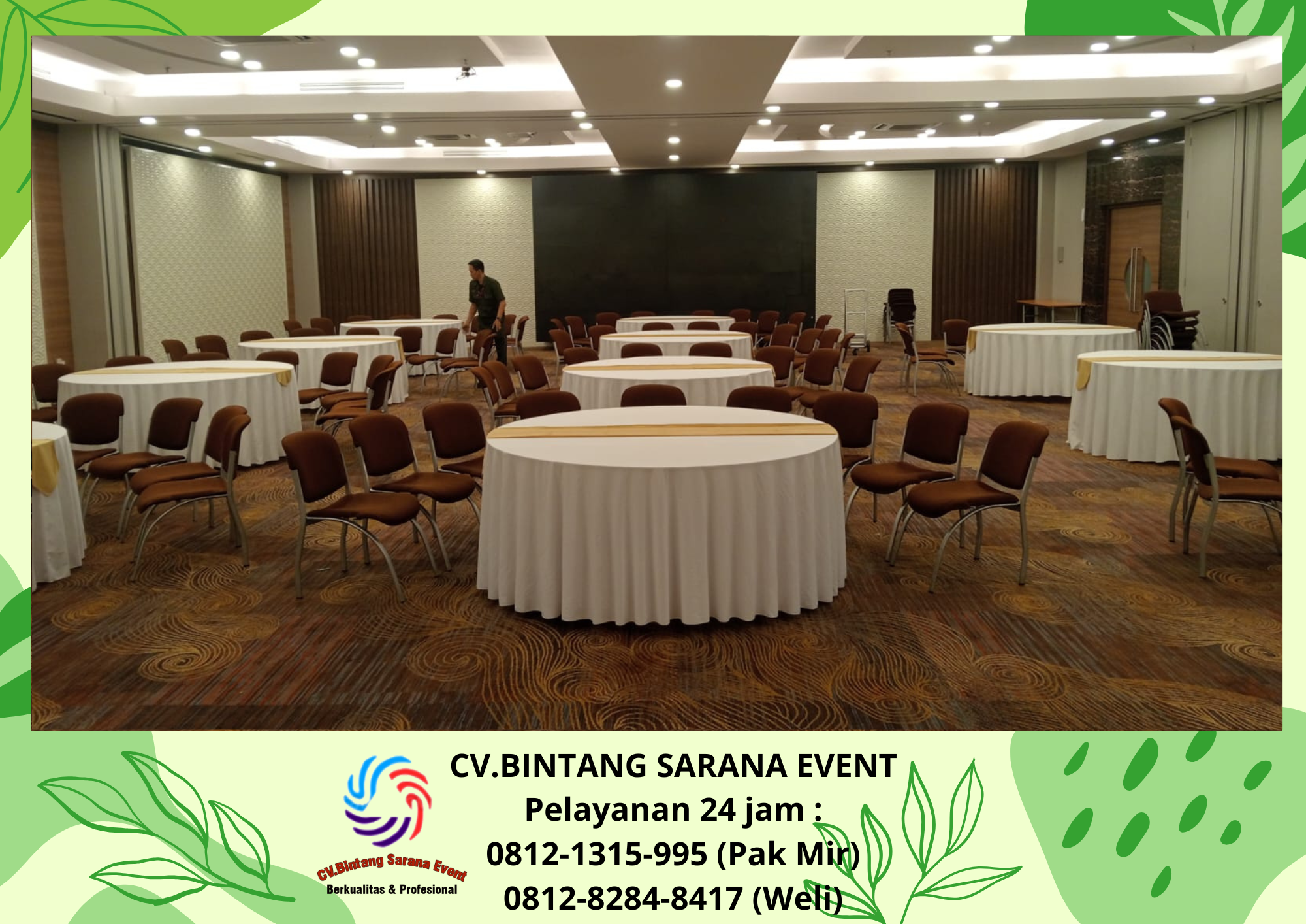 Rental Meja Bulat Cover Full Rumbai Dan kursi Banquet Cokelat (1) Rental Meja Bulat Cover Full Rumbai Dan kursi Banquet Cokelat