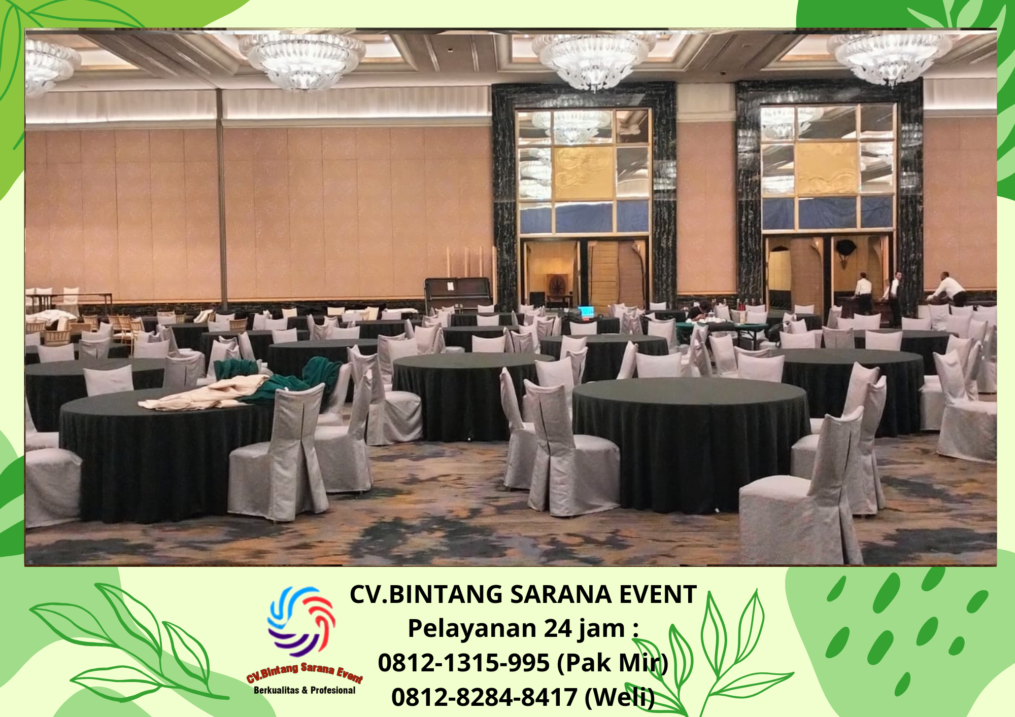 Sewa meja bulat 180cm Dan 120cm cover tebar hitam